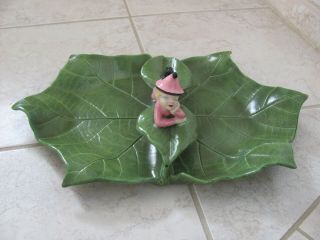 Vtg 50s Mid - Century Modern Mcm Pink Pixie Girl In Hat Reclining On Lg Leaf Dish