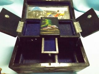 Vintage Black Lacquer Hand Painted Asian Jewelry Box Guc