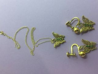 Vintage Butterfly 14 K Necklace And Screw - On Earrings W/ Green Stones
