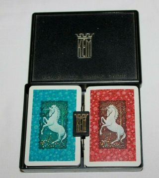 Vintage Kem Plastic Playing Cards Unicorn Red Blue Complete Double Deck Case