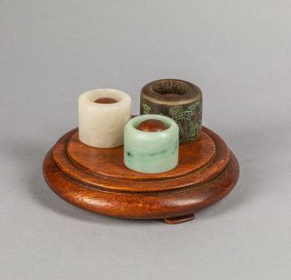 Set Of Chinese Antique Agarwood And Jade Rings