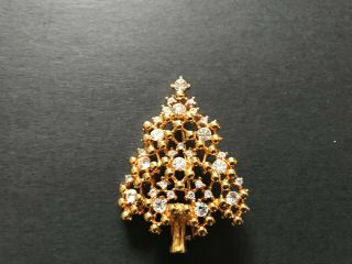 Vintage Signed Eisenberg Ice Gold - Tone Crystal Rhinestone Christmas Tree Brooch