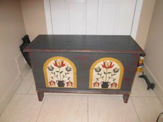 Signed Small Vintage Pennsylvania Dutch Blanket Chest Hand Crafted Painted