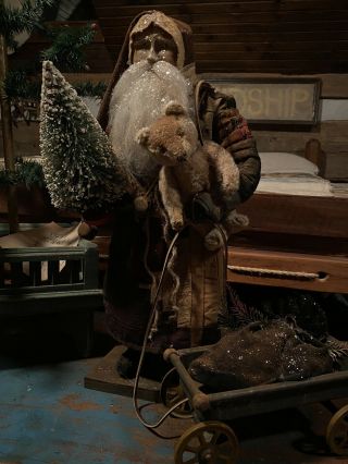 Arnett’s Country Store Ooak Santa / Early Log Cabin Quilt Coat / Old Tin Wagon/