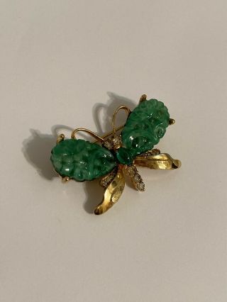 Vintage Gorgeous Deco Faux Jade Jomaz Butterfly Glass Brooch Pin