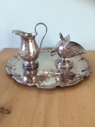 Vintage Silver Plated Set Tray Milk Jug Sugar Bowl And Scoop Collectible Set