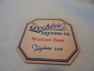 Vtg 1930s 40s Wurtzer Beer Coaster The Peoples Brewing Co Oshkosh Wisconsin