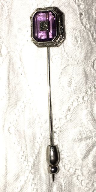 14 K White Gold Amethyst Glass Citrine Stick Pin Victorian Antique Lapel Hat Vtg 3