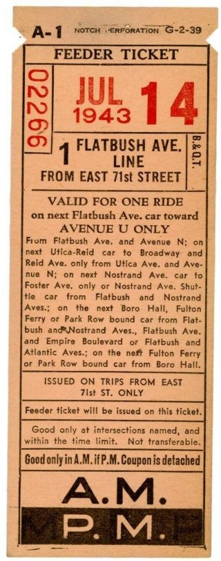 Brooklyn Nyc Ny - Flatbush Avenue Line - Ave U Marine Park - 1945 Bus Transfer Ticket