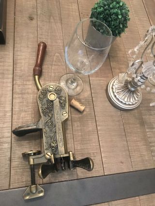 Estate Antique Brass Table Top Wine Bottle Opener With Wood Handle Vintage