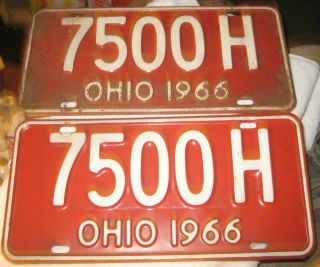Vintage 1966 Ohio License Plates Set Pair Red & White Oh 7500h