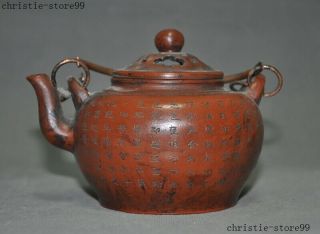 6 " Old Chinese China Yixing Zisha Pottery Text Handle Statue Teapot Tea Set Pot