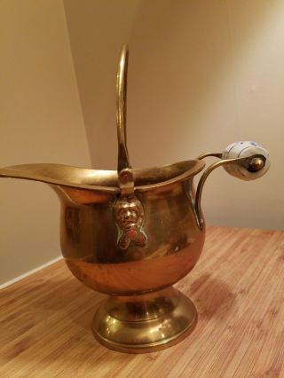 Vintage Brass Ash Coal Scuttle Bucket Lion Heads Delft Handles Copper Rivets