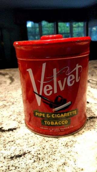 Vintage Velvet Pipe & Tobacco Tin Round Can With Lid,  Usa