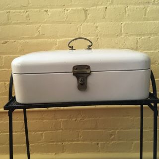 Antique Vintage White Enamel Metal Hinged Bread Box