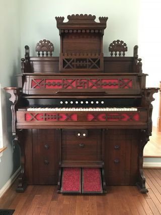 Estey Organ 1884 Antique Parlor Pump Reed Organ W/ Claw - Foot Stool & Reed Puller