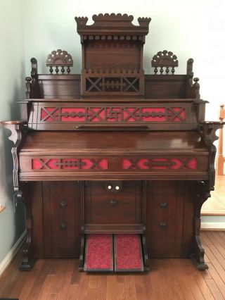 Estey Organ 1884 Antique Parlor Pump Reed Organ w/ Claw - foot Stool & Reed Puller 2