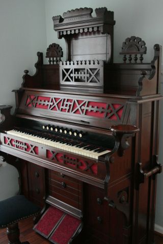 Estey Organ 1884 Antique Parlor Pump Reed Organ w/ Claw - foot Stool & Reed Puller 3