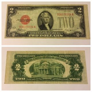 Vintage 1928 - E $2 United States Note Two Dollar Bill Jefferson Red Seal Vinson