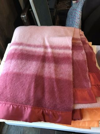 2 Vintage Full Size Wool Blanket Dusty Rose Silky Satin Binding 72 X 86 Orange