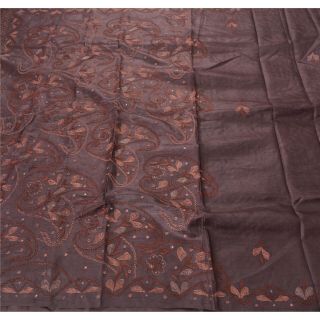 Tcw Vintage Saree 100 Pure Silk Hand Embroidered Brown Fabric Craft Sari