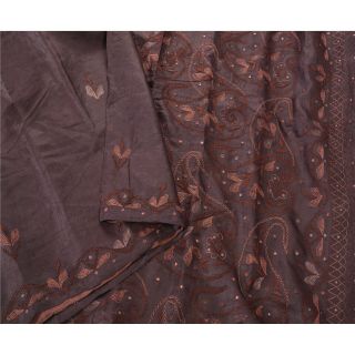 Tcw Vintage Saree 100 Pure Silk Hand Embroidered Brown Fabric Craft Sari 2
