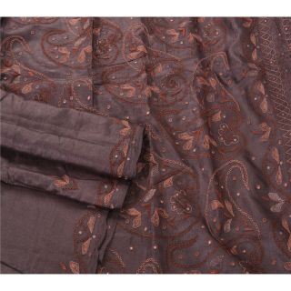 Tcw Vintage Saree 100 Pure Silk Hand Embroidered Brown Fabric Craft Sari 3