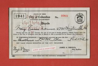 Rare 1941 Columbus Ohio Bicycle License Not Plate