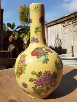 Vintage Chinese Yellow Porcelain Vase W/floral Decoration.