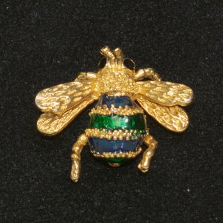 Vintage Retro Bumble Bee Brooch Pin Blue Green Enamel Striped Gold Tone Jewelry
