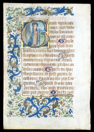 Saint Katherine,  Medieval Illuminated Manuscript Book Of Hours Leaf C.  1450