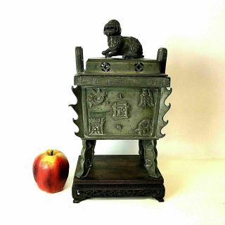 Antique 19th C Chinese Pewter Censer W/ Foo Dog On Fine Carved Stand