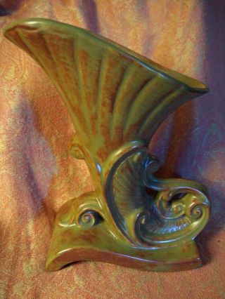 Vintage Cornucopia Horn Of Plenty Green Ceramic Pottery Handpainted Vase