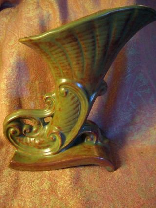 Vintage CORNUCOPIA Horn of Plenty Green Ceramic Pottery Handpainted VASE 2