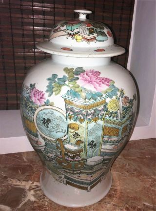 Antique CHINESE PORCELAIN JAR with LID PRECIOUS OBJECTS Qing POT VASE 2 3