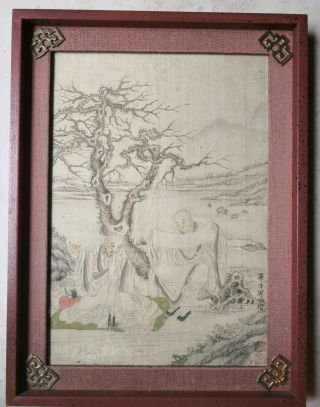 Antique Chinese Watercolor Painting On Silk Framed - Buddhism Monk 1