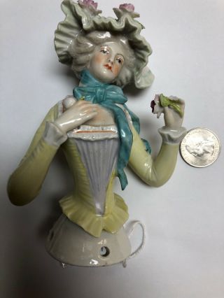 5” Antique German Porcelain Half 1/2 Doll Gray Hair Victorian Bodice Bonnet Se