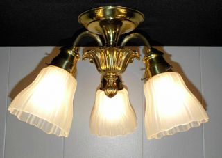 Lightolier Cast Brass Flush Mount Ceiling Light Fixture 3 Branch Glass Shades