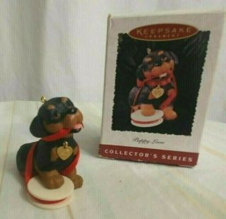 Hallmark 1995 Puppy Love 2 " Rottweiler Dog W/ Ribbon Christmas Ornament Vintage