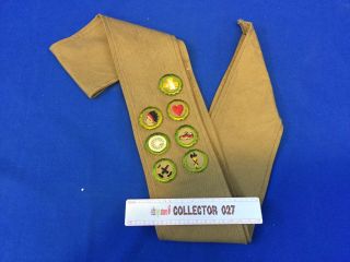 Boy Scout Vintage Tan Merit Badge Sash Thin With 7 Square Merit Badges Cut Round