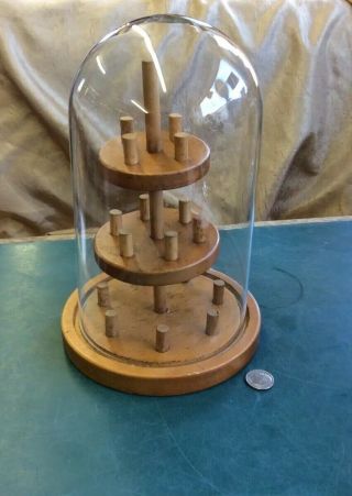 Vintage Tiered Wood Display For 18 Thimbles W Glass Dome