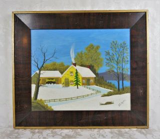 Antique 1930 Naive Primitive Folk Art Oil Painting Winter Landscape Scene Signed