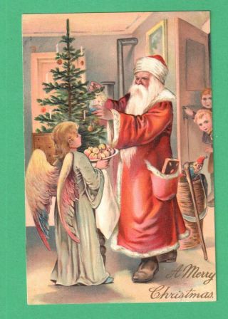 Vintage Pfb Old World Christmas Postcard Santa Claus Angel Strings Cookie Tree