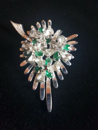 Vintage Pennino Sterling Floral Brooch With Clear & Green Rhinestones For Repair