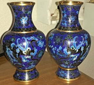 Vintage Chinese Cobalt & Lapis Blue Cloisonne Dragon Bottle Vase Pair 6 1/8”