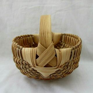 Vintage Small Split Oak Buttocks Egg Gathering Basket With Bent Wood Handle