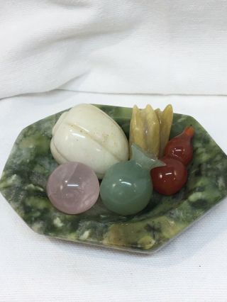 5 Vintage Chinese Export Carved Jade Gemstone Stone Fruit Figures Soapstone Dish