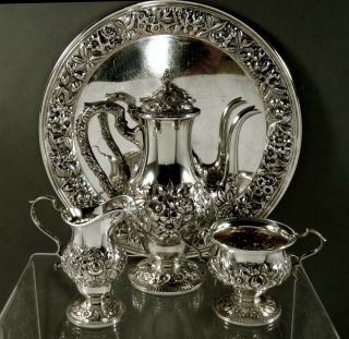 Kirk Sterling Tea Set & Tray C1940 - Hand Decorated