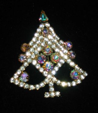 Vintage Lisner? Aurora Borealis Rhinestone Christmas Tree Brooch Pin Gold Tone