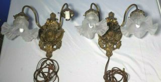Pair Bronze Antique Light Fixtures Victorian Brass Wall Lamps